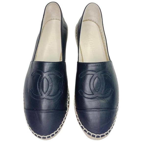 CHANEL CC logo embroidered leather espadrilles flats - Picture 1 of 9